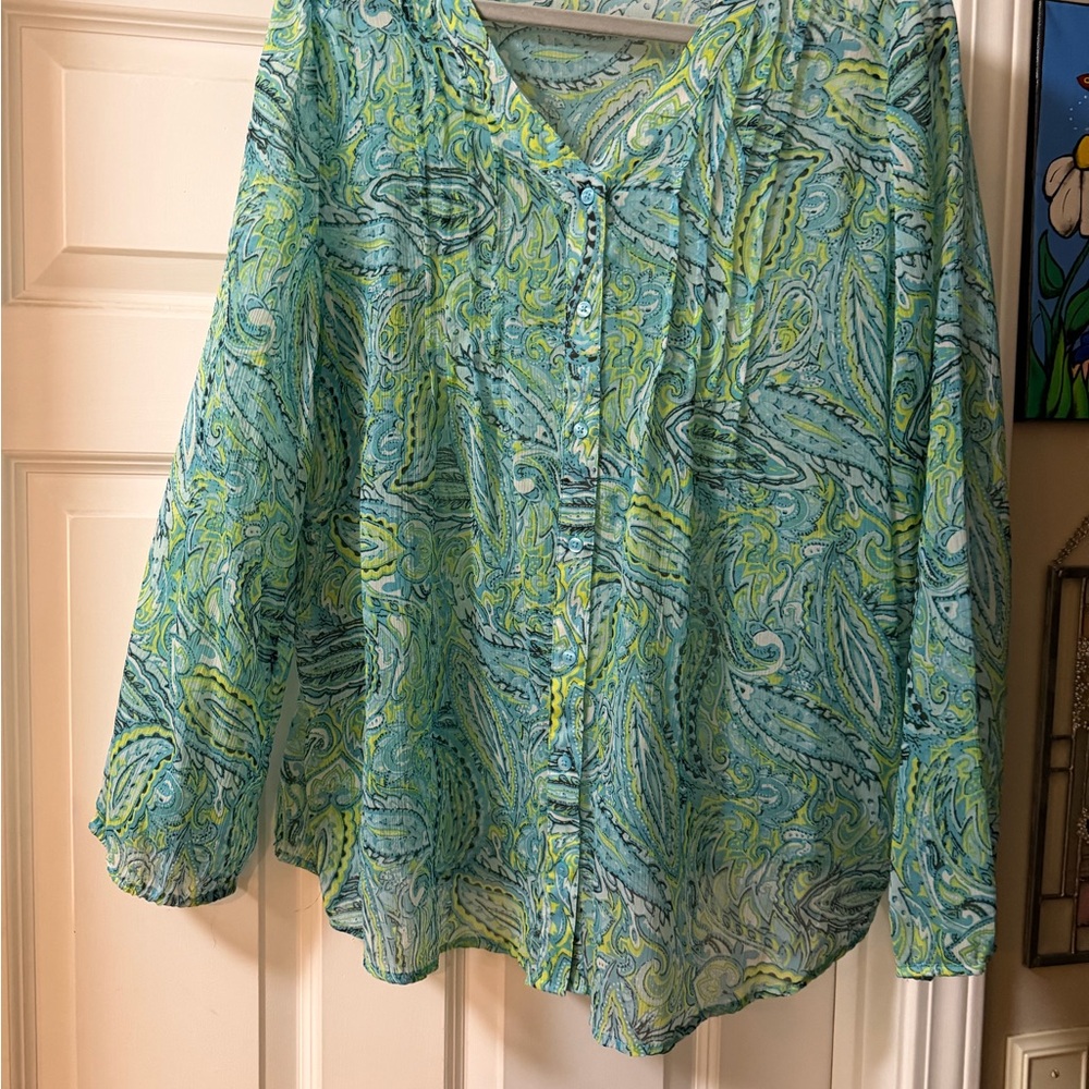 Kim Rogers Teal and Lime Paisley Blouse